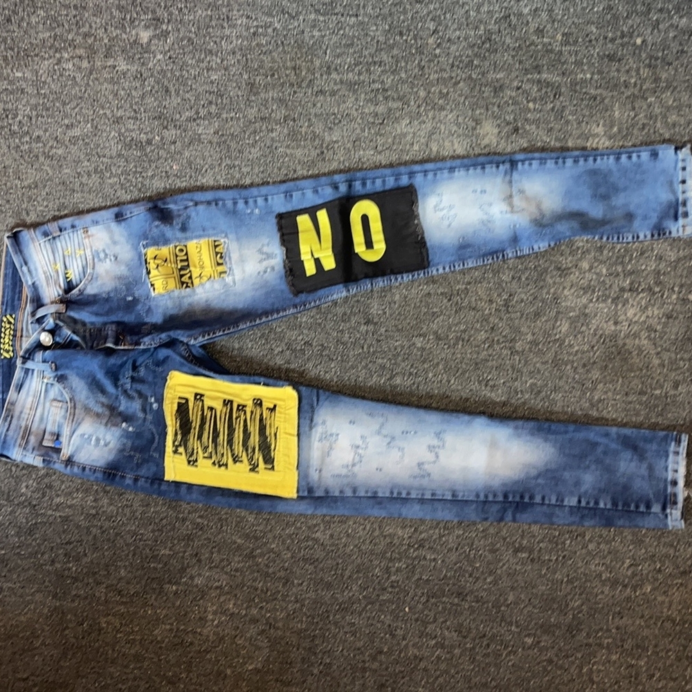 Men's Blue Jeans with Yellow Accents